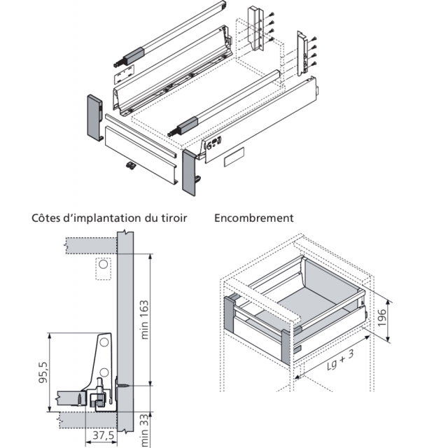 Kit Tiroir à l'anglaise hauteur 195 mm Blum