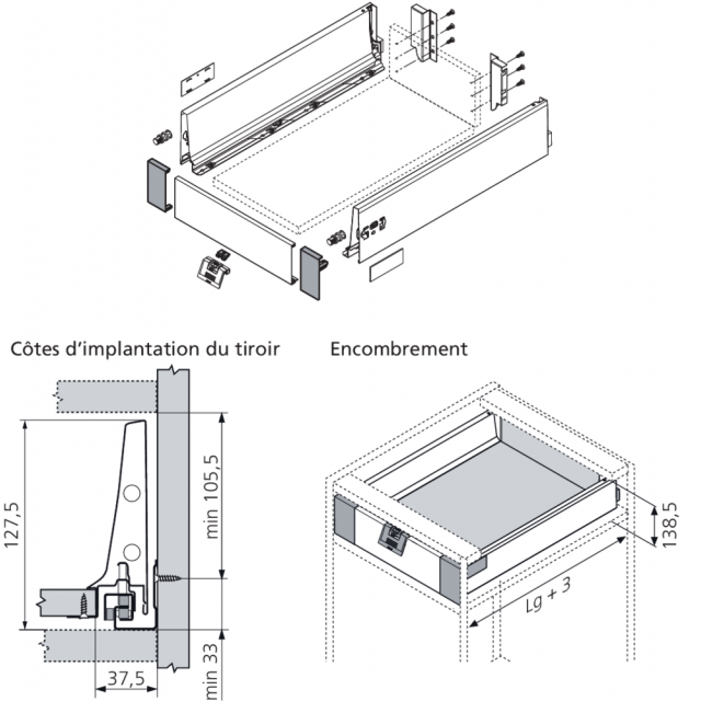 Kit tiroir à l'anglaise hauteur 130,5mm Blum