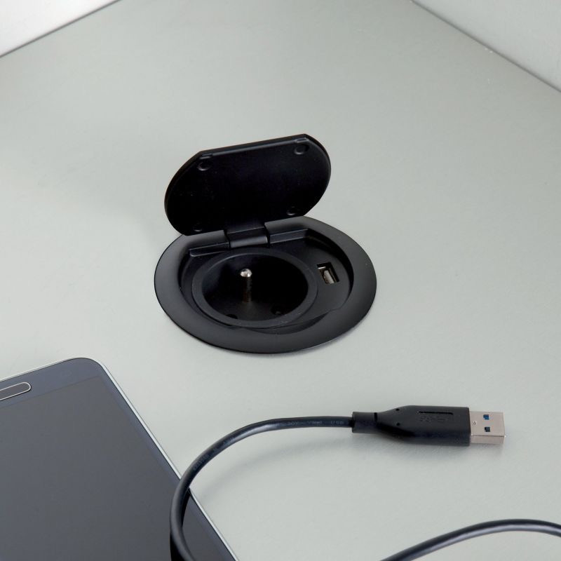 Bloc 1 prise + 1 USB RING à clapet affleurant à encastrer dans un plan de travail, Noir mat