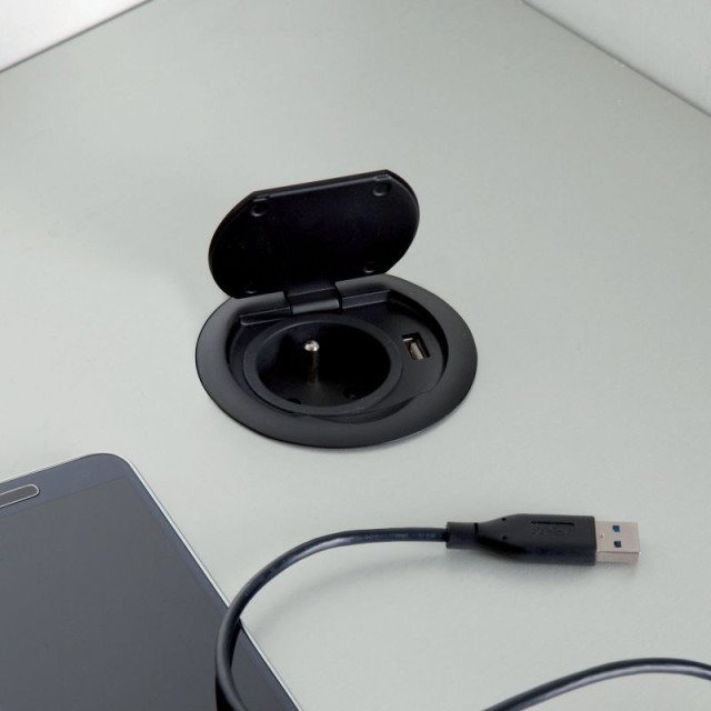 Bloc 1 prise + 1 USB RING à clapet affleurant à encastrer dans un plan de travail, Noir mat