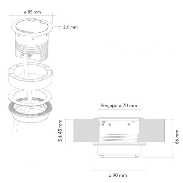 Bloc 1 prise + 1 USB RING à clapet affleurant à encastrer dans un plan de travail, Noir mat