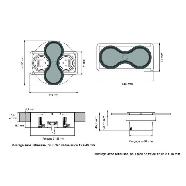 Bloc 2 prises EIGHT IP44 rectangulaire affleurant à encastrer dans un plan de travail, Inox brossé