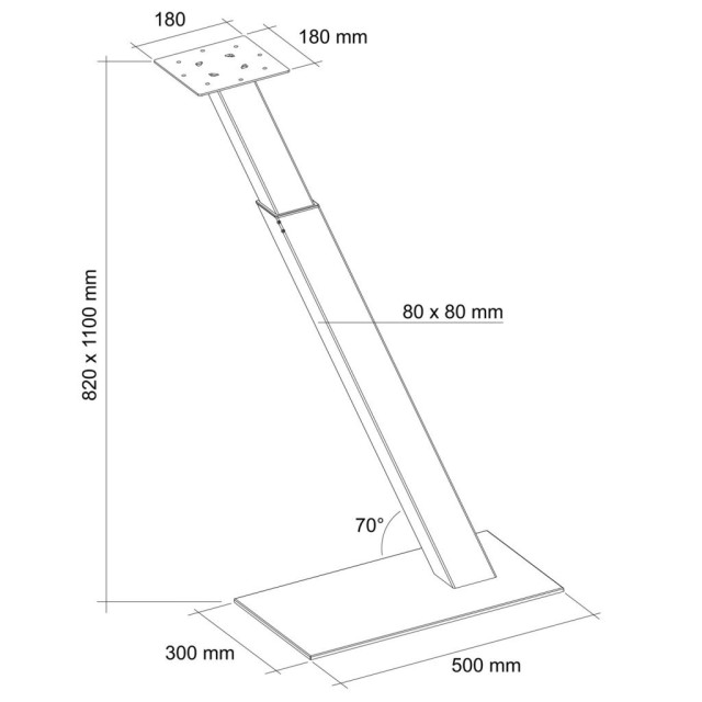 Pied de snack incliné à 70° télescopique en acier - 80 x 80 - hauteur de 820 à 1100mm