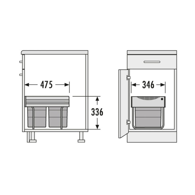 Poubelle pour meuble de 400mm composée de 2 seaux de 18L