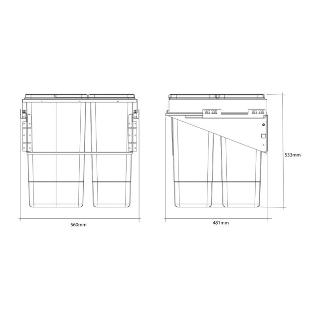 Poubelle pour meuble de 600mm composée de 4 seaux: 3x26L+1x7L
