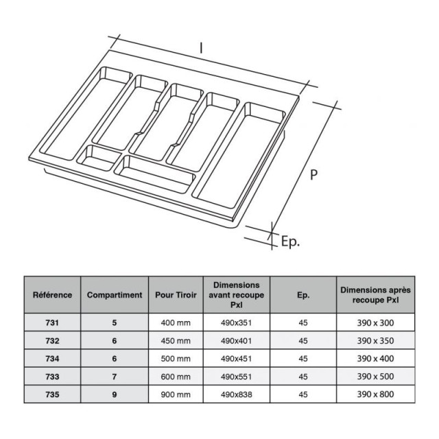 Range-couverts pour tiroir de 900mm composé de 9 compartiments - finition gris orion