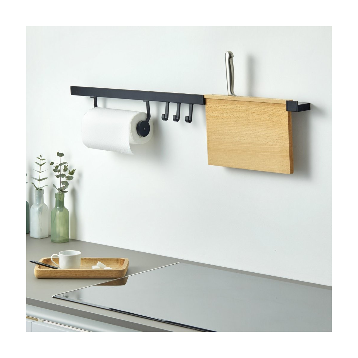 Kit barre de crédence avec 1 porte-couteaux en bois et 3 crochets - L. 90cm - finition noir mat
