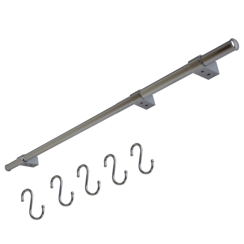 Kit barre de crédence composé d'1 barre, de 3 supports design, de 2 embouts et de 5 crochets - L. 90cm - finition chrome