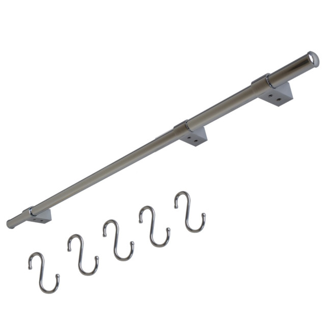 Kit barre de crédence composé d'1 barre, de 3 supports design, de 2 embouts et de 5 crochets - L. 90cm - finition chrome