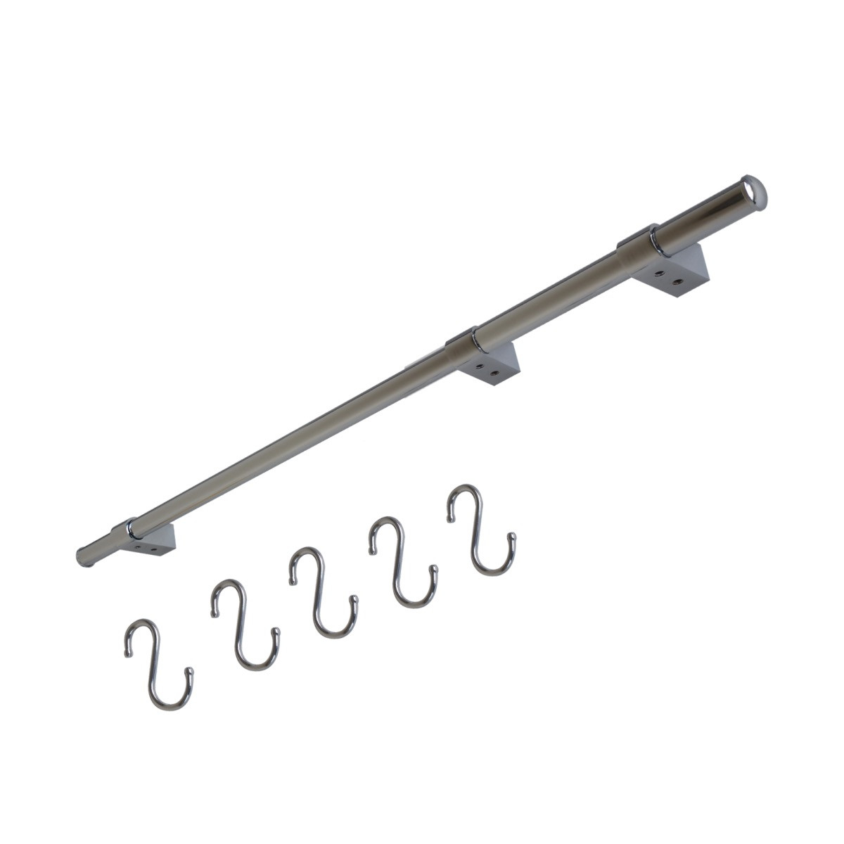Kit barre de crédence composé d'1 barre, de 3 supports design, de 2 embouts et de 5 crochets - L. 90cm - finition chrome