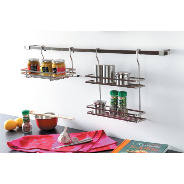Kit barre de crédence carrée avec 5 crochets - L. 120cm - finition inox brossé