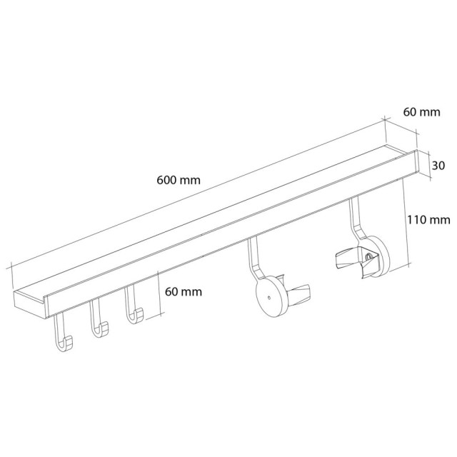 Kit barre de crédence avec 1 porte-rouleau et 3 crochets - L. 60cm- finition noir mat