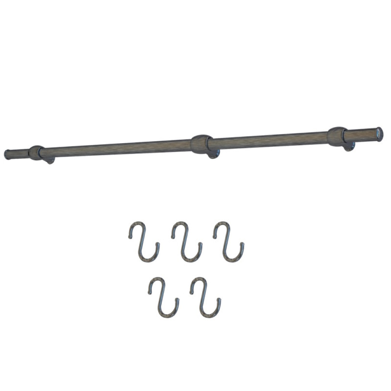 Kit barre de crédence composée d'1 barre, de 3 supports standards, de 2 embouts et de 5 crochets