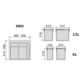 Kit poubelle Recycle avec base 24L 3 bacs pour caisson de 600 mm