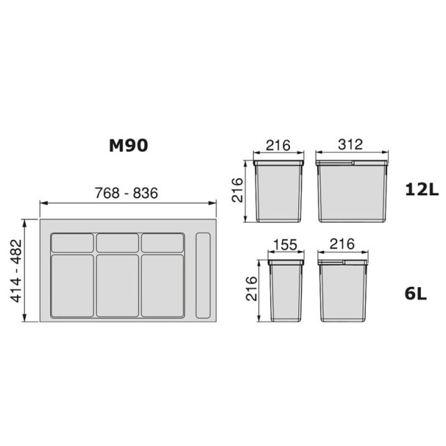 Kit poubelle Recycle avec base 36L 4 bacs pour caisson de 900 mm