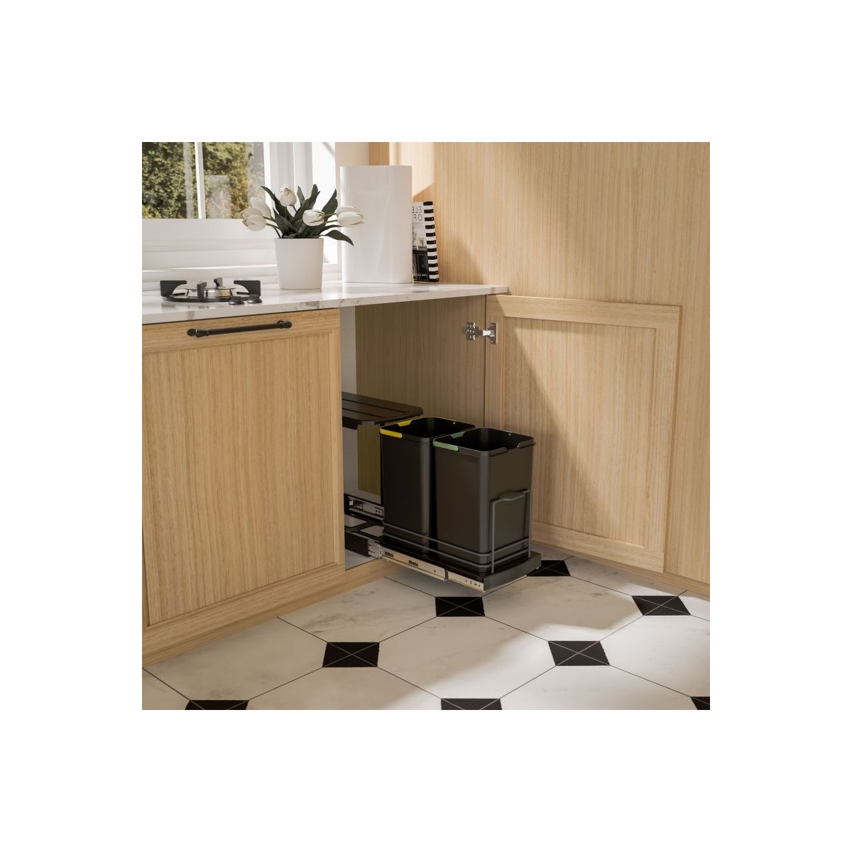 Poubelle de tri Recycle 2 bacs de 12L, fixation au sol et extraction manuelle, Gris anthracite