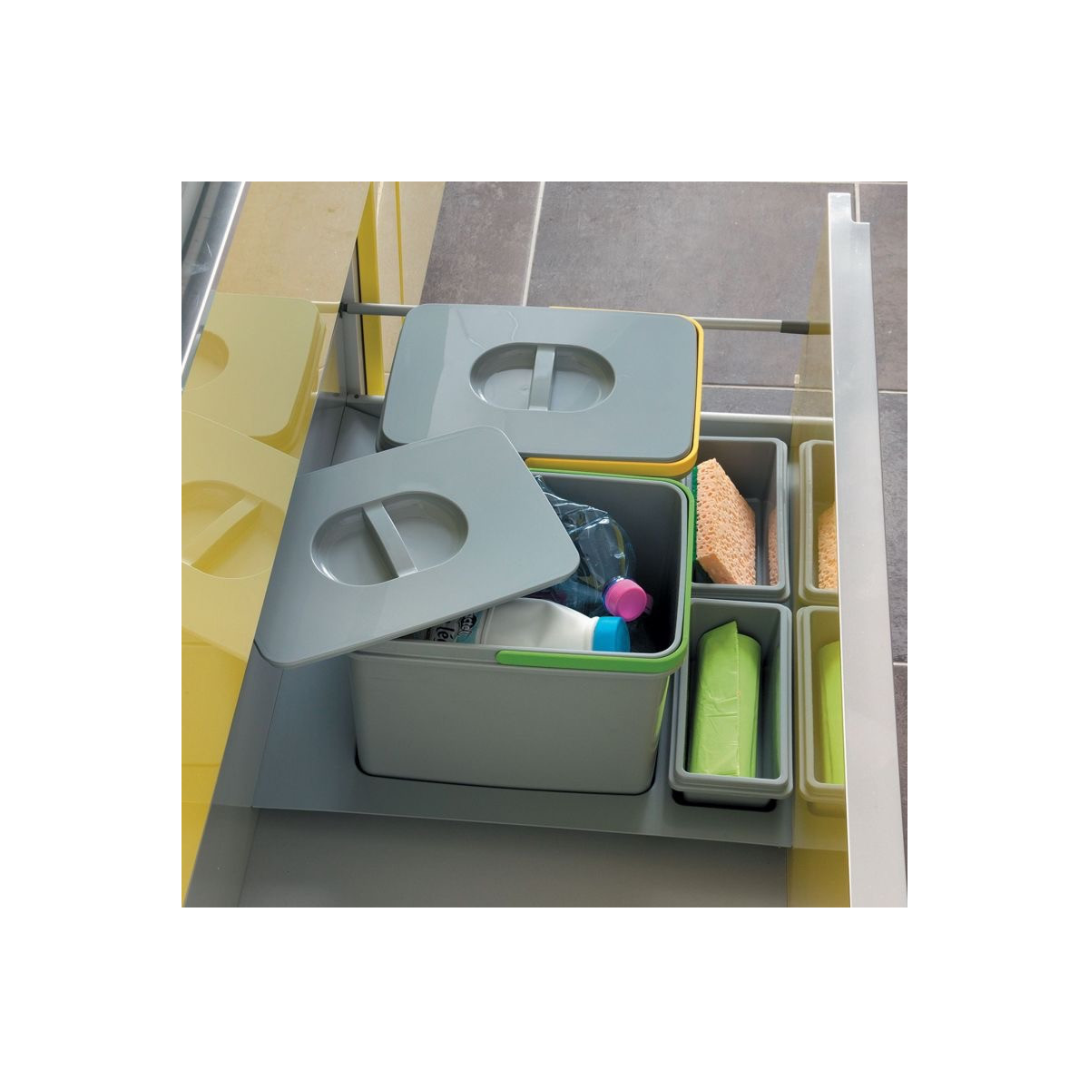Collecteur 2 seaux avec couvercles : 2 x 12L et 2 bacs amovibles - H. 230mm - ouverture manuelle