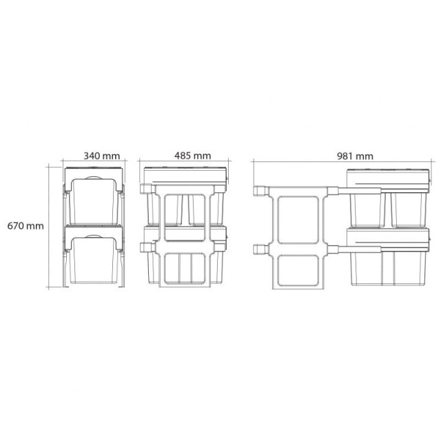 Poubelle pour meuble de 400mm composée de 3 seaux - l. 340 x P. 485 x H. 670mm - ouverture manuelle