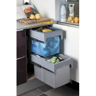 Poubelle pour meuble de 400mm composée de 2 seaux : 2 x 34L (gris et bleu) - l. 340 x P. 485 x H. 670mm - ouverture manuelle
