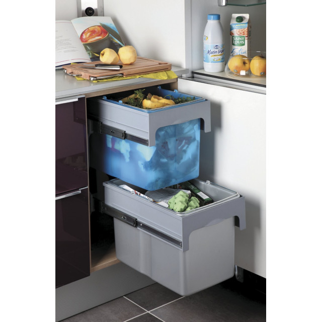 Poubelle pour meuble de 400mm composée de 2 seaux : 2 x 34L (gris et bleu) - l. 340 x P. 485 x H. 670mm - ouverture manuelle