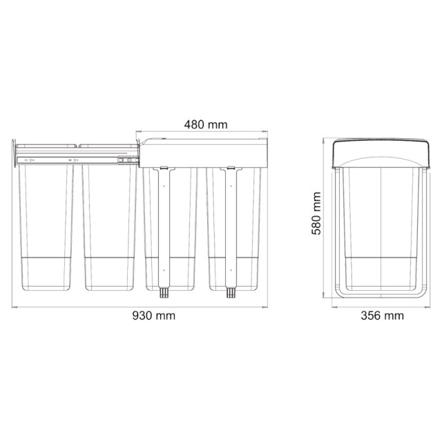Poubelle pour meuble de 450mm composée de 2 seaux : 2 x 26L - l.356 x P. 480 x H. 580mm - ouverture manuelle